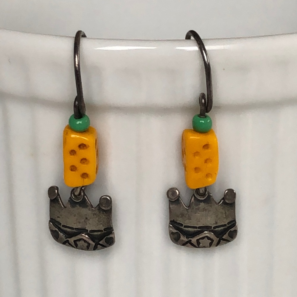 Quirky silver crown & bead earrings